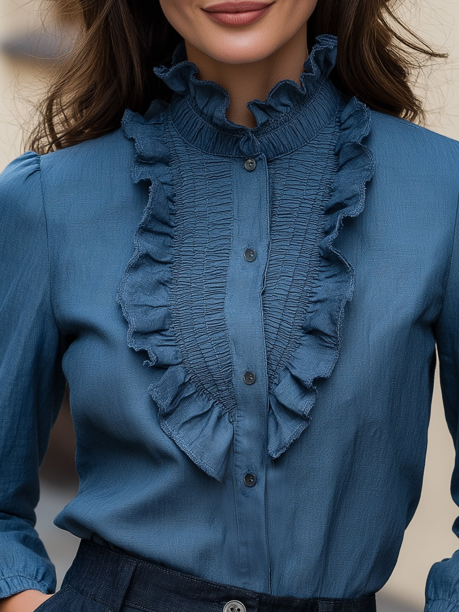 Denim Ruffled High-Neck Long-Sleeve Blouse