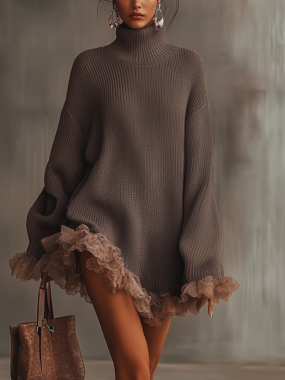 Brown Ruffled Hem Turtleneck Sweater Dress