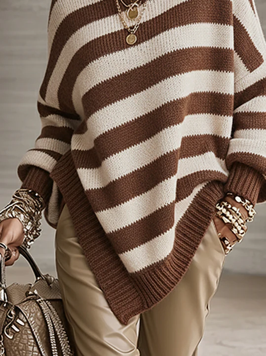Brown And Cream Diagonal Stripe Knit Sweater With Asymmetrical Hem