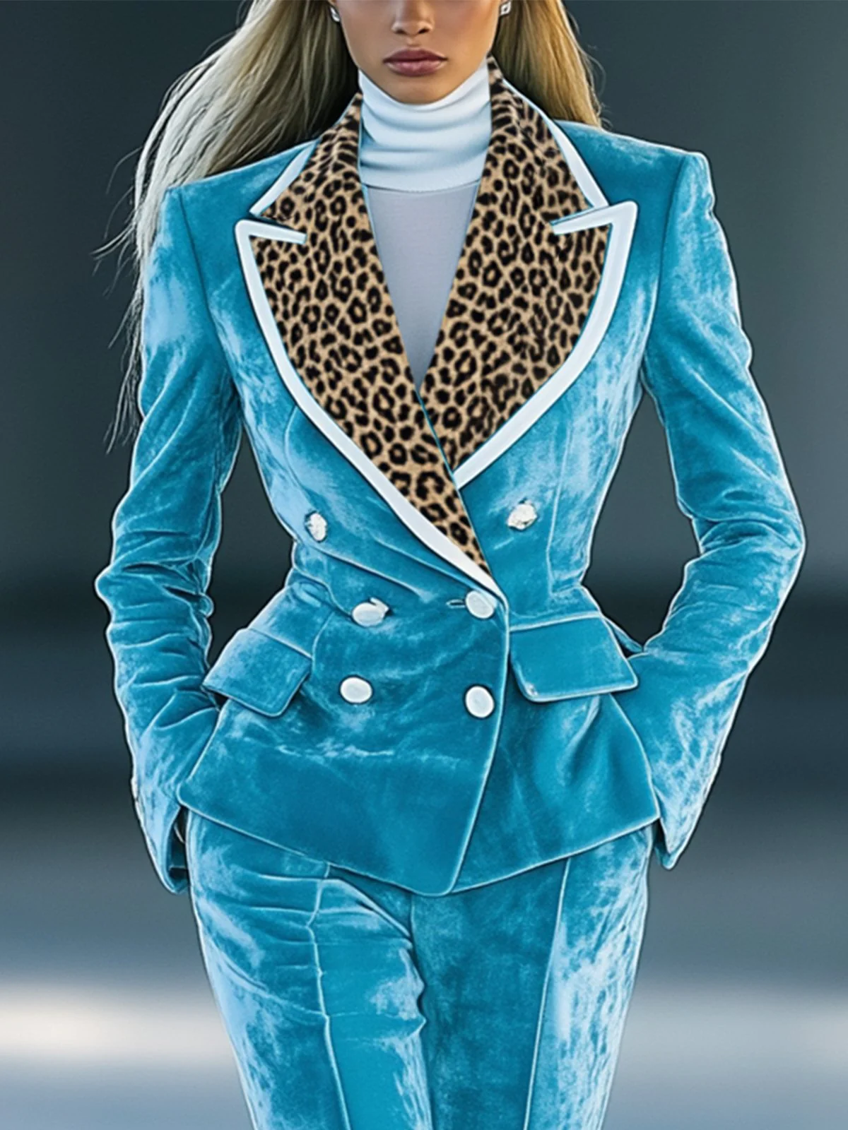 24-Hour-Shipping Stylish Blue Velvet Suit With Leopard Print Lapel