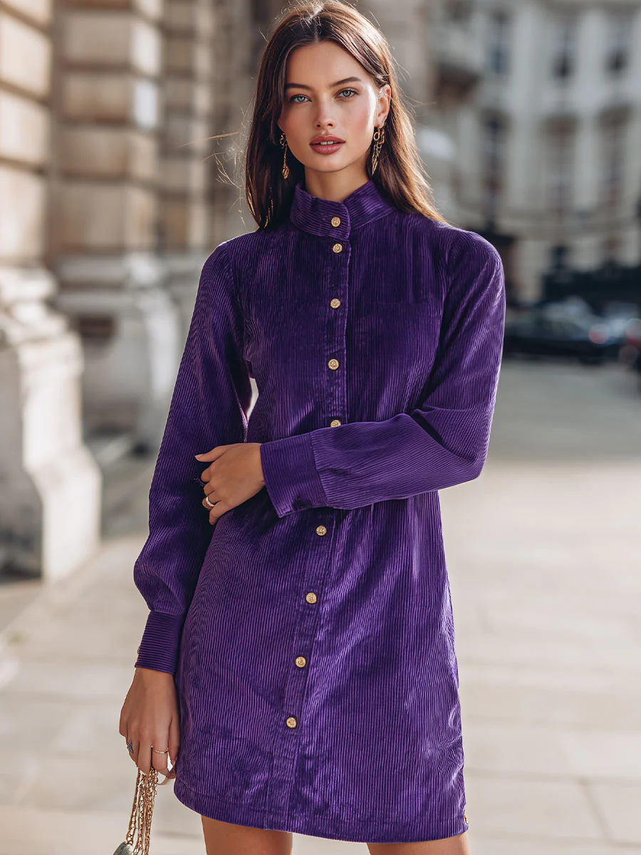 Retro Purple Corduroy Button-Front Shirt Dress For Vintage Charm
