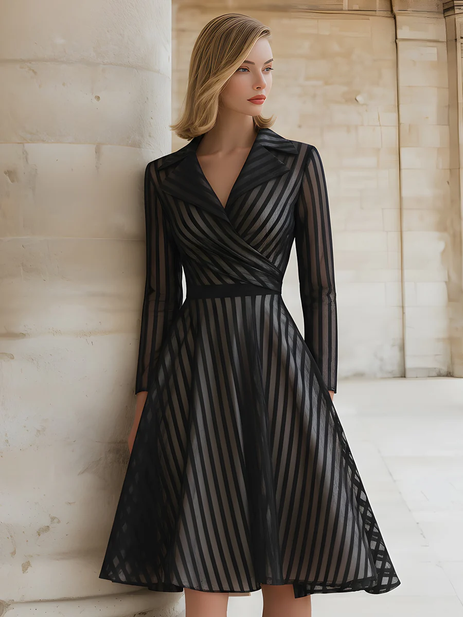 Black Striped Sheer Wrap Dress