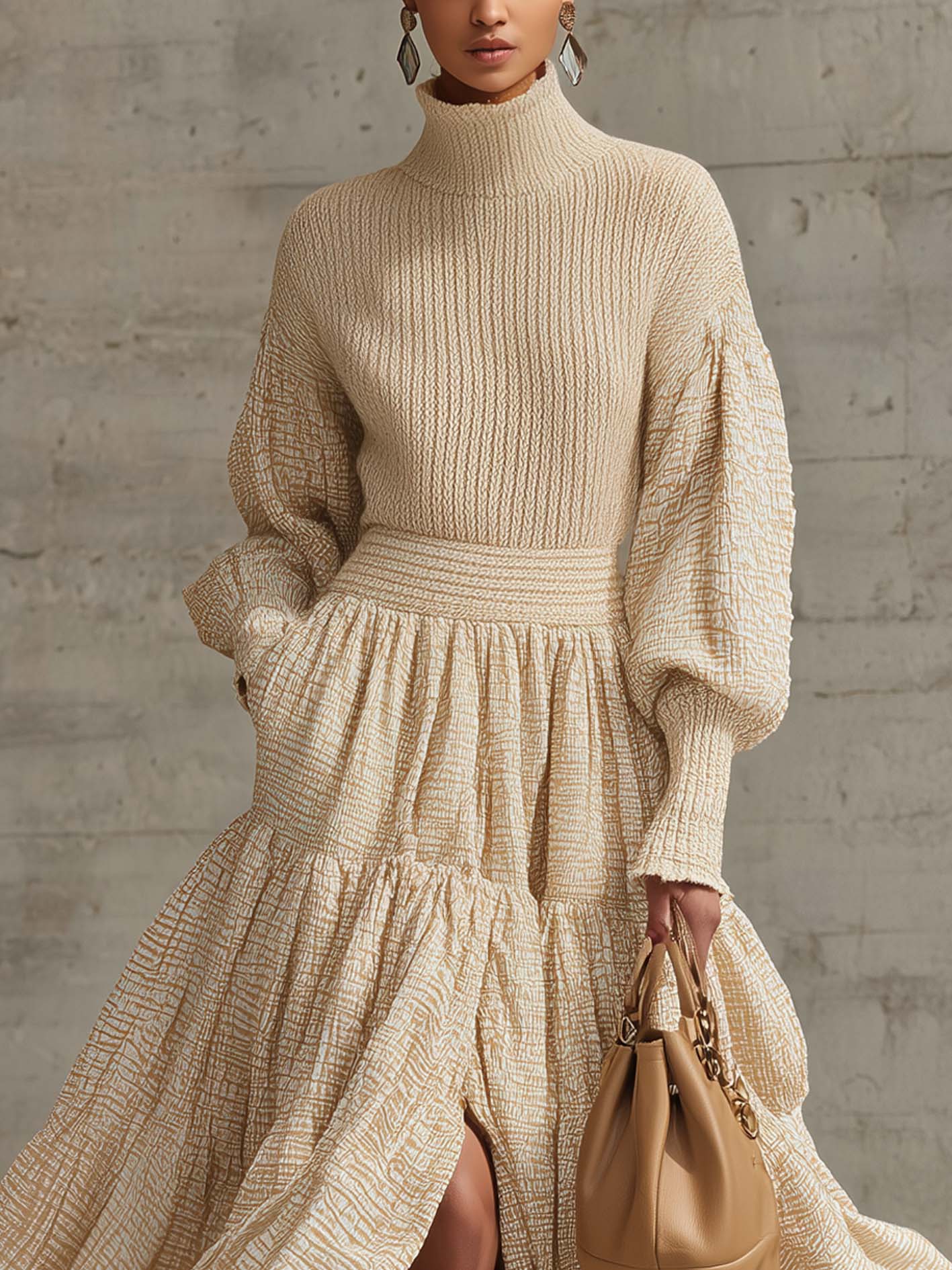 Beige Maxi Dress With Patchwork Knit Fabric