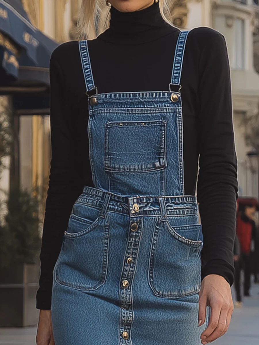Fitted Denim Overall Pencil Dress And Black Top Sets