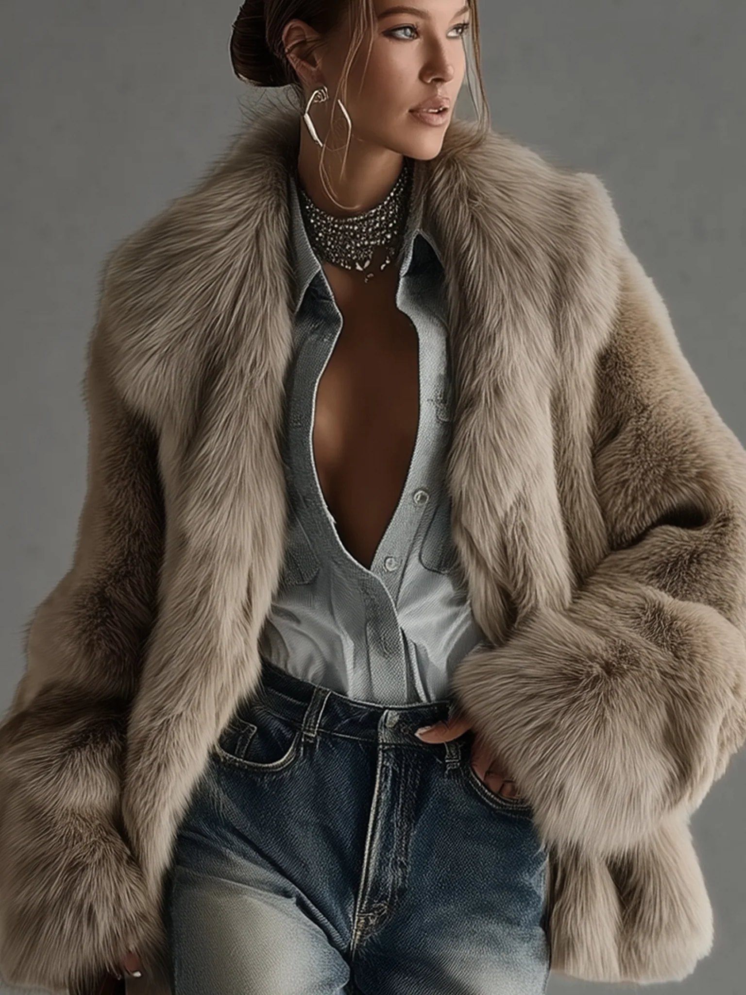 Soft Taupe Faux Fur Oversized Long Sleeve Coat