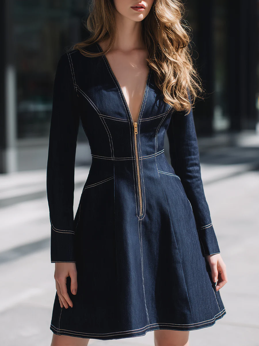 Deep V Denim Zip Dress