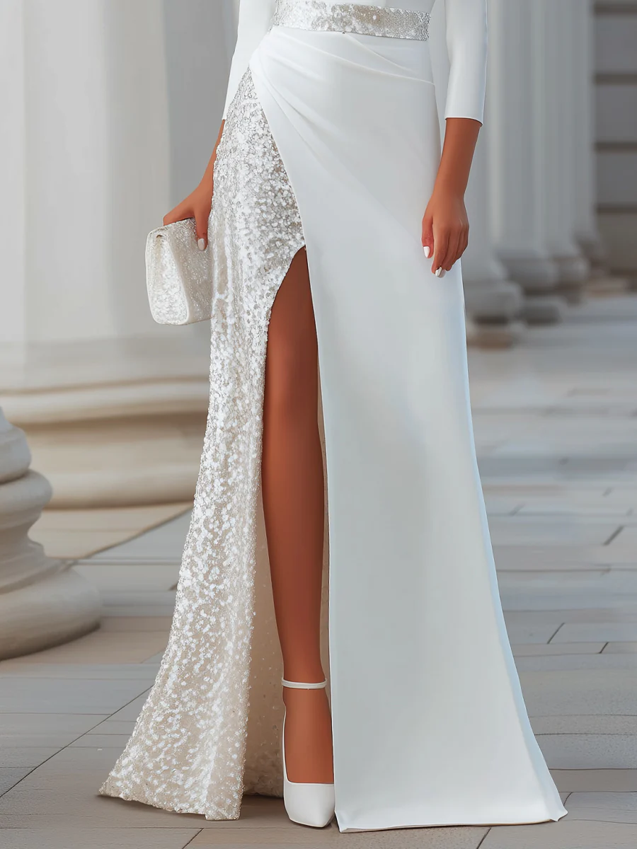 Sequin Contrast Panel Draped Evening Gown