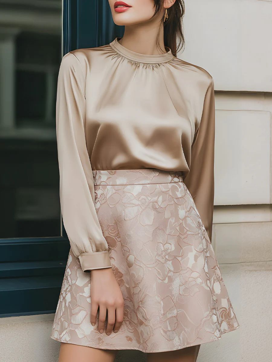 Satin Blouse And Jacquard A-Line Skirt Set