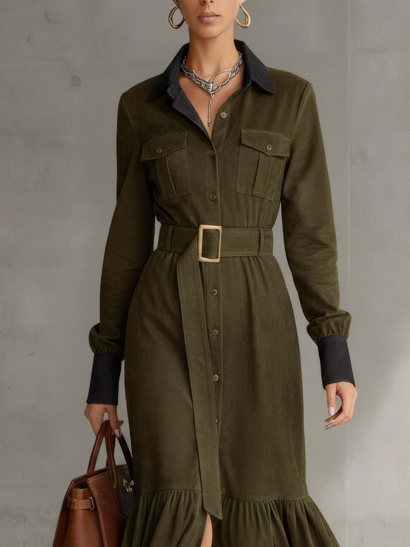 Olive Faux Suede Maxi Dress With Belt And Ruffled Hem