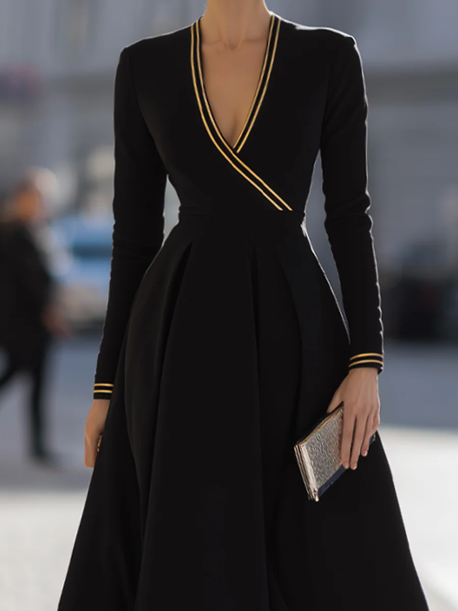 Black Dress With Yellow Stripes And Pleated Skirt