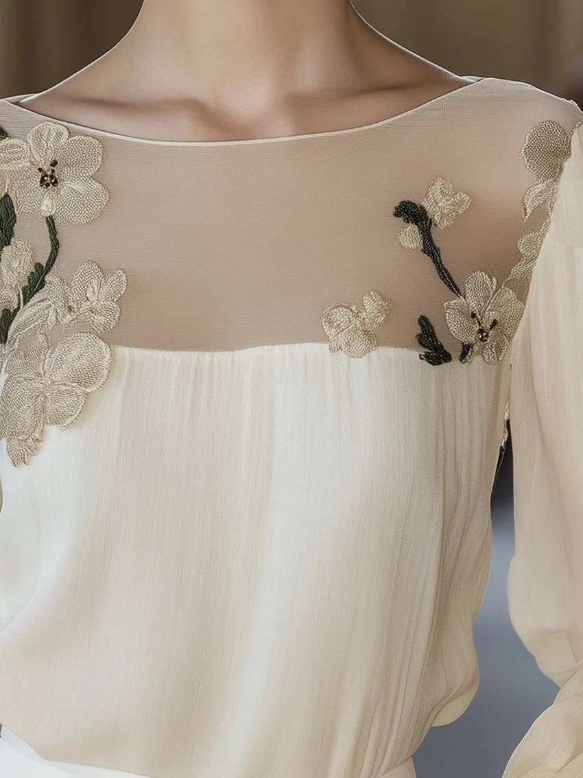 24-Hour-Shipping Beige Stitching Shirt With Elegant Floral Embroidery