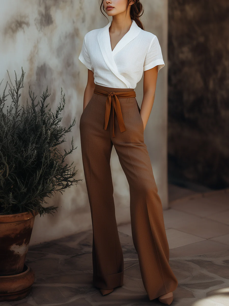 Women’s Linen-Blend Wrap Top & High-Waisted Trousers Set In Ivory And Mocha