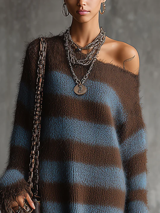 Brown And Blue Fuzzy Striped Oversized Sweater Dress