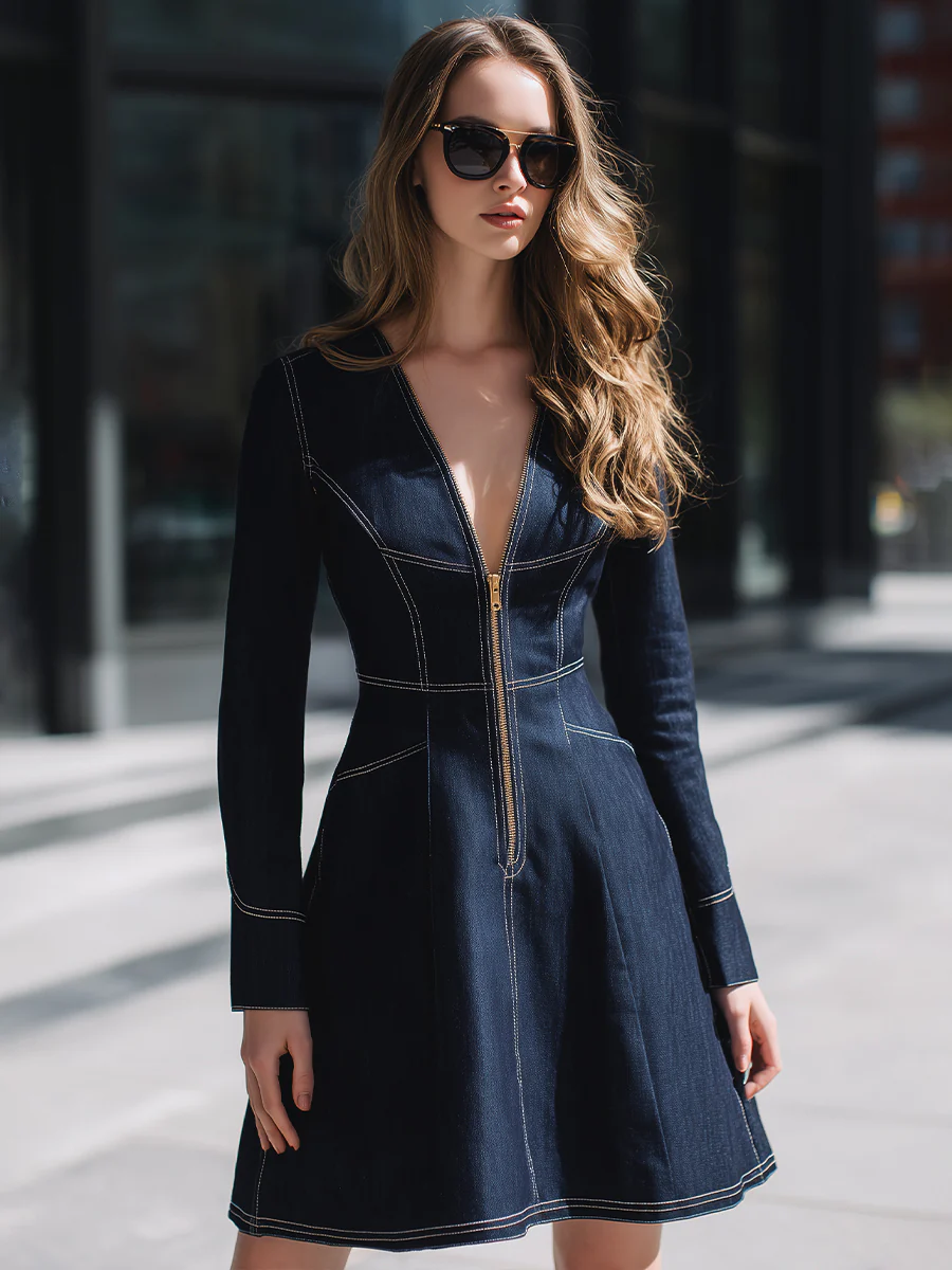 Deep V Denim Zip Dress