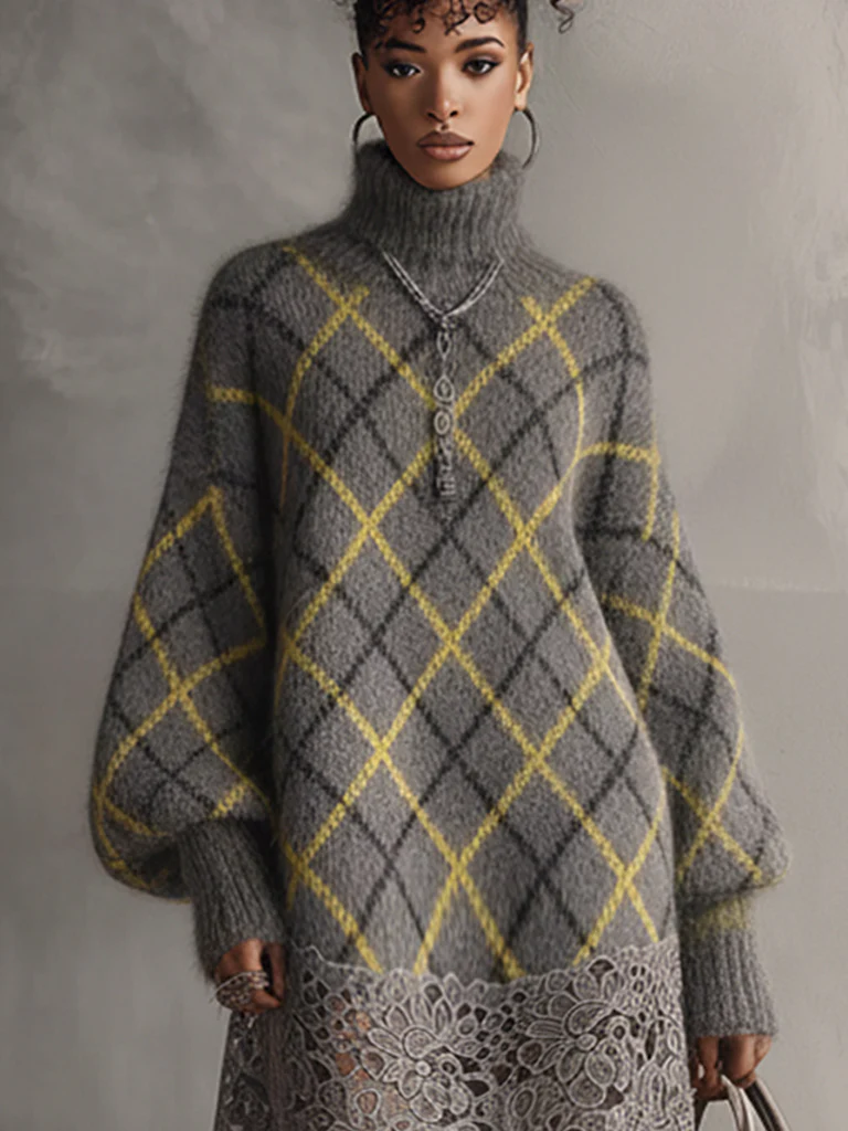 Gray Plaid Mohair Long Sleeve Mini Dress With Lace Hem