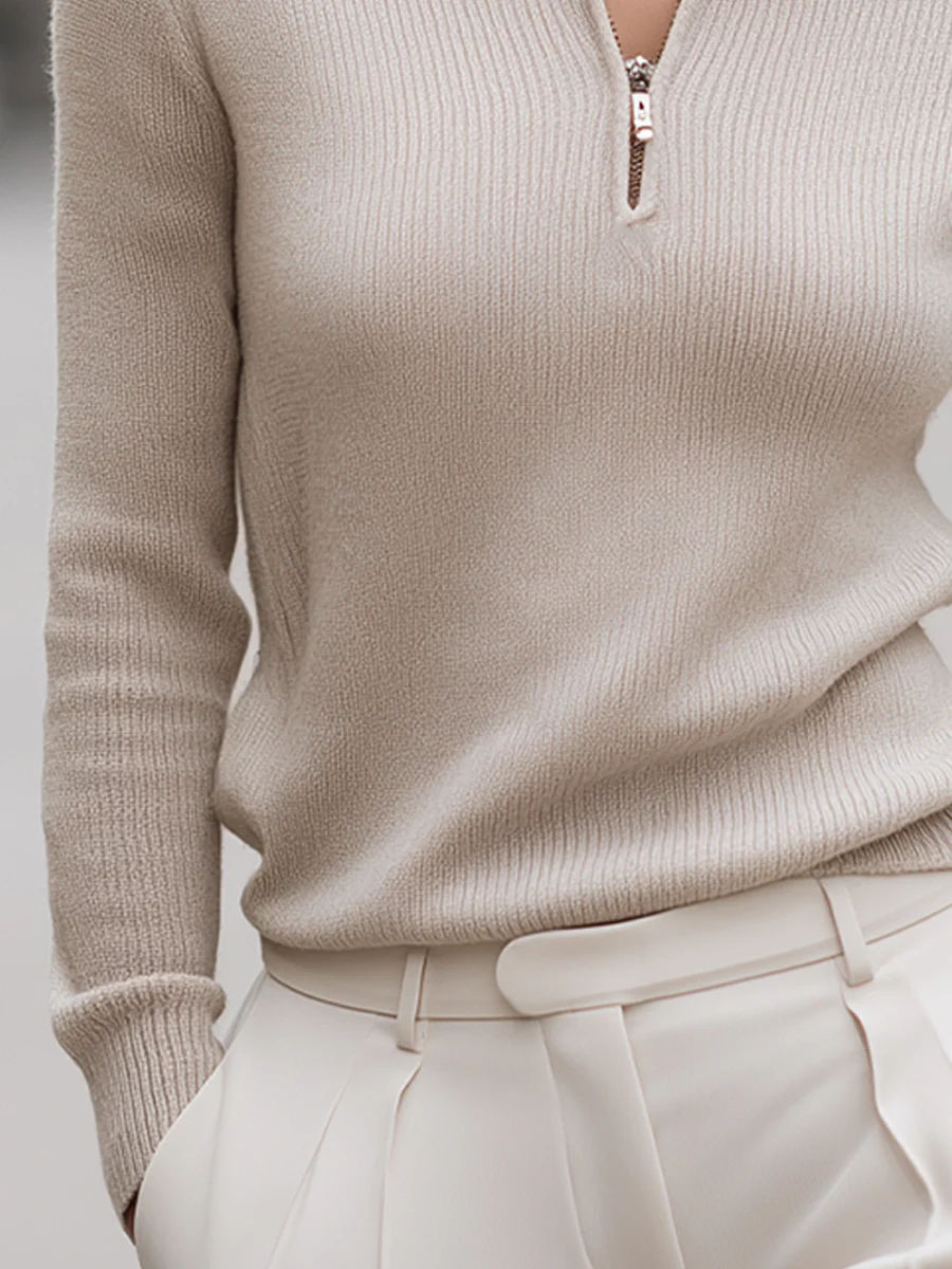 Sandstone Half-Zip Ribbed Knit Sweater