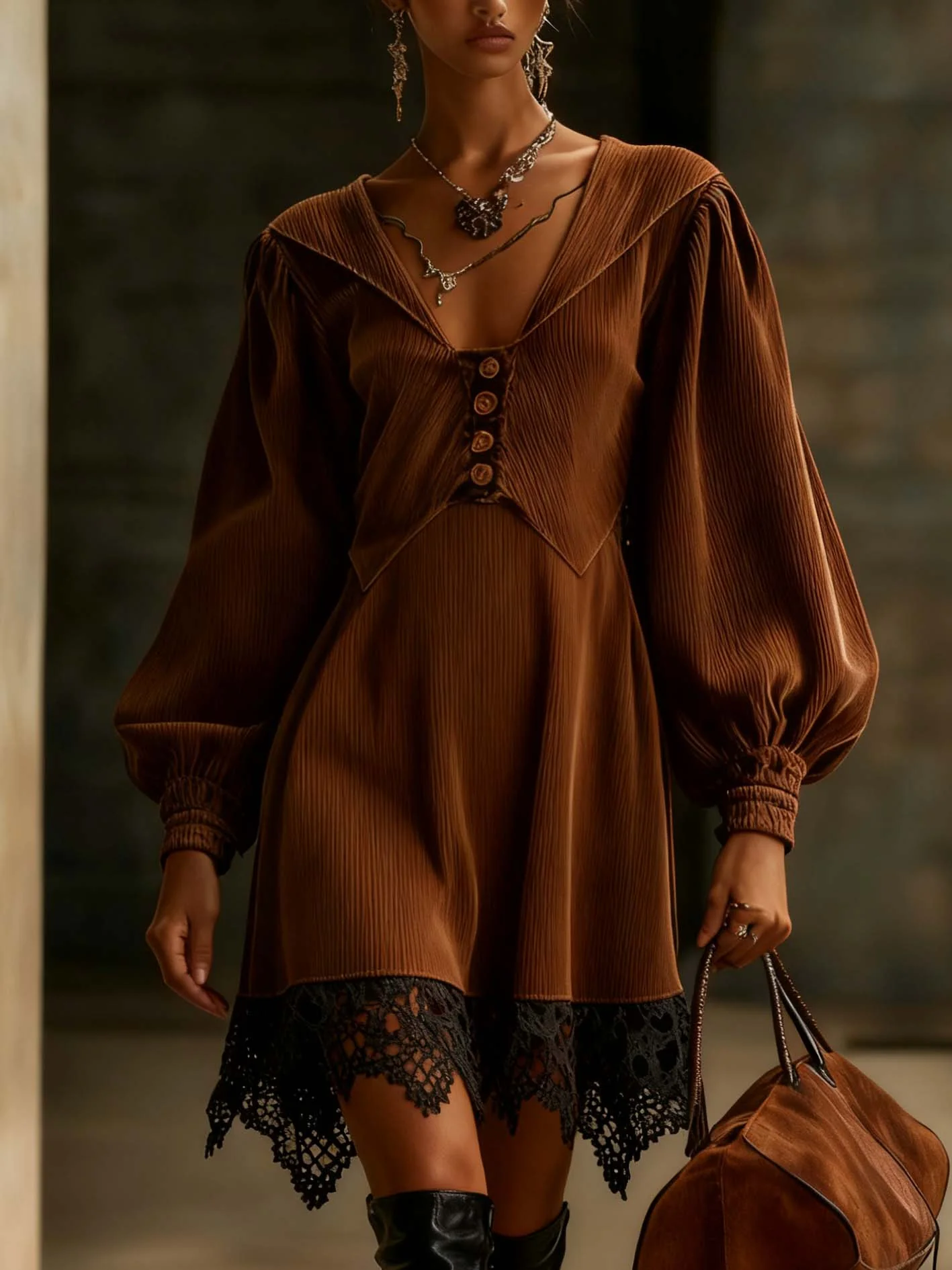 Brown Corduroy Mini Dress With Lace
