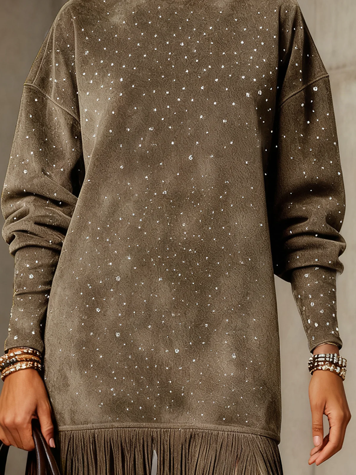 Gray Faux  Suede Turtleneck Dress With Fringe Hem