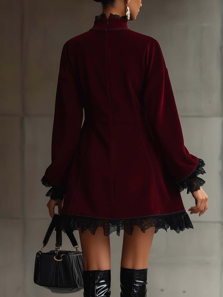 Burgundy Faux Suede Mini Dress With Black Lace Trim