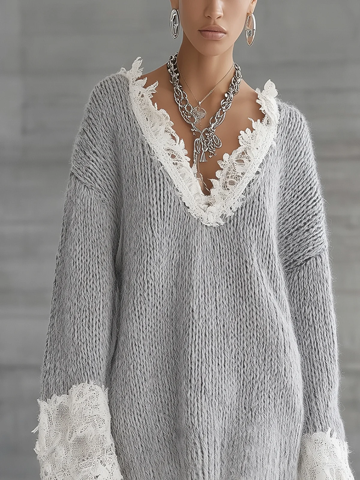 Soft Gray Knit Lace Trim Oversized Sweater Dress