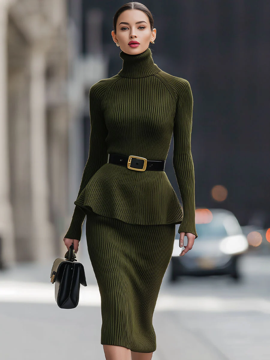 Olive Green Rib-Knit Peplum Suit Set For Sophisticated Tailoring