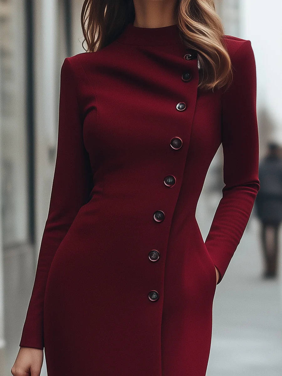 Burgundy Asymmetric Buttoned Long-Sleeve Dress