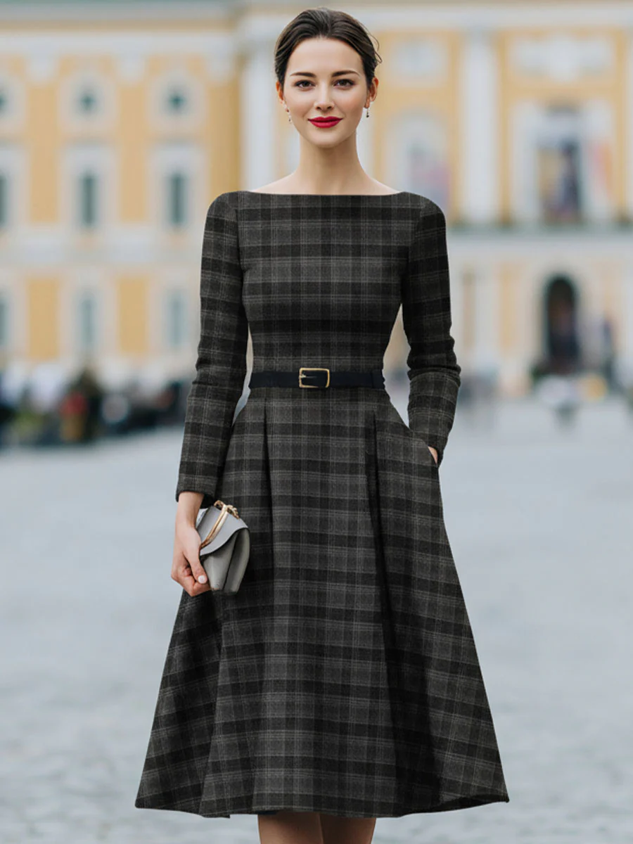 Chic Boat Neck Plaid Dress For Effortless Style