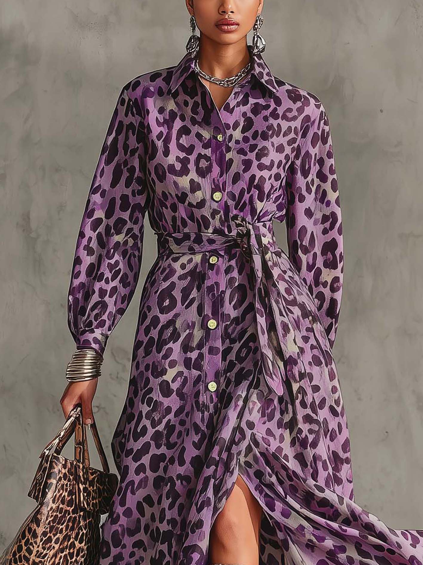 Purple Gradient Leopard Print Maxi Dress With Belt