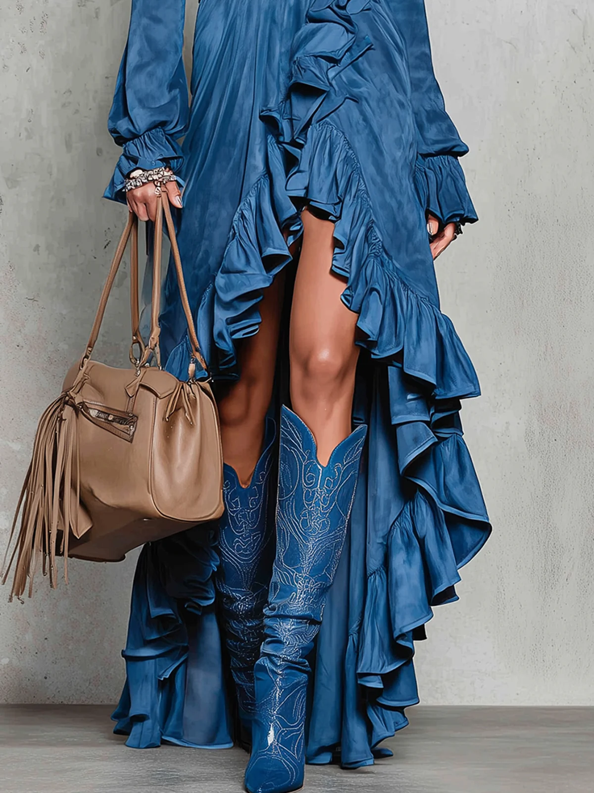 Blue High-Low Ruffled Faux Suede Dress With Belted Waist