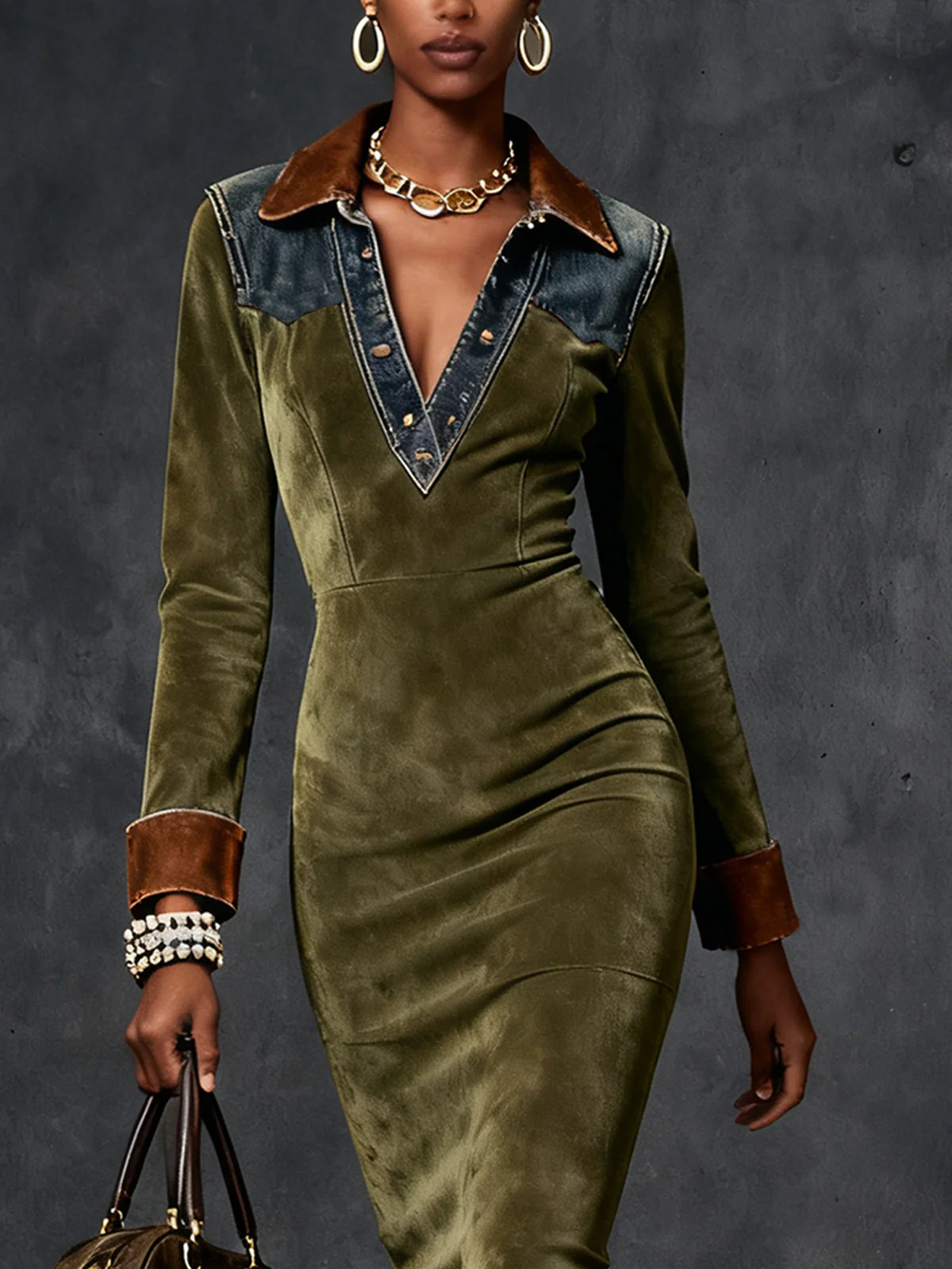 Olive Faux Suede Accent Midi Bodycon Dress