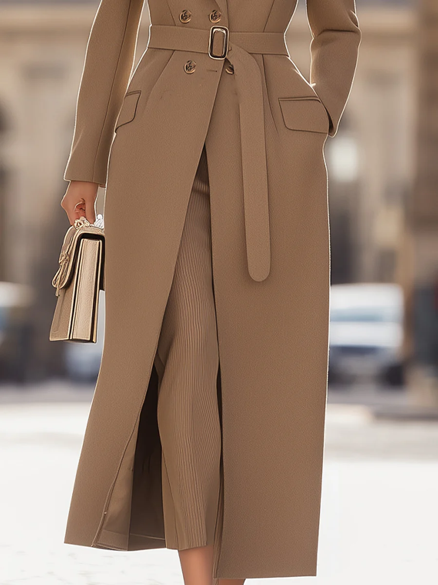 Chic Belted Long Camel Coat