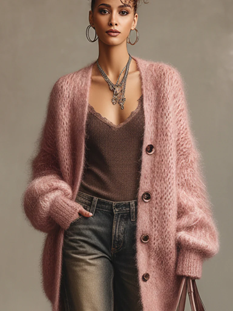 Blush Mohair Knit Long Sleeve Cardigan