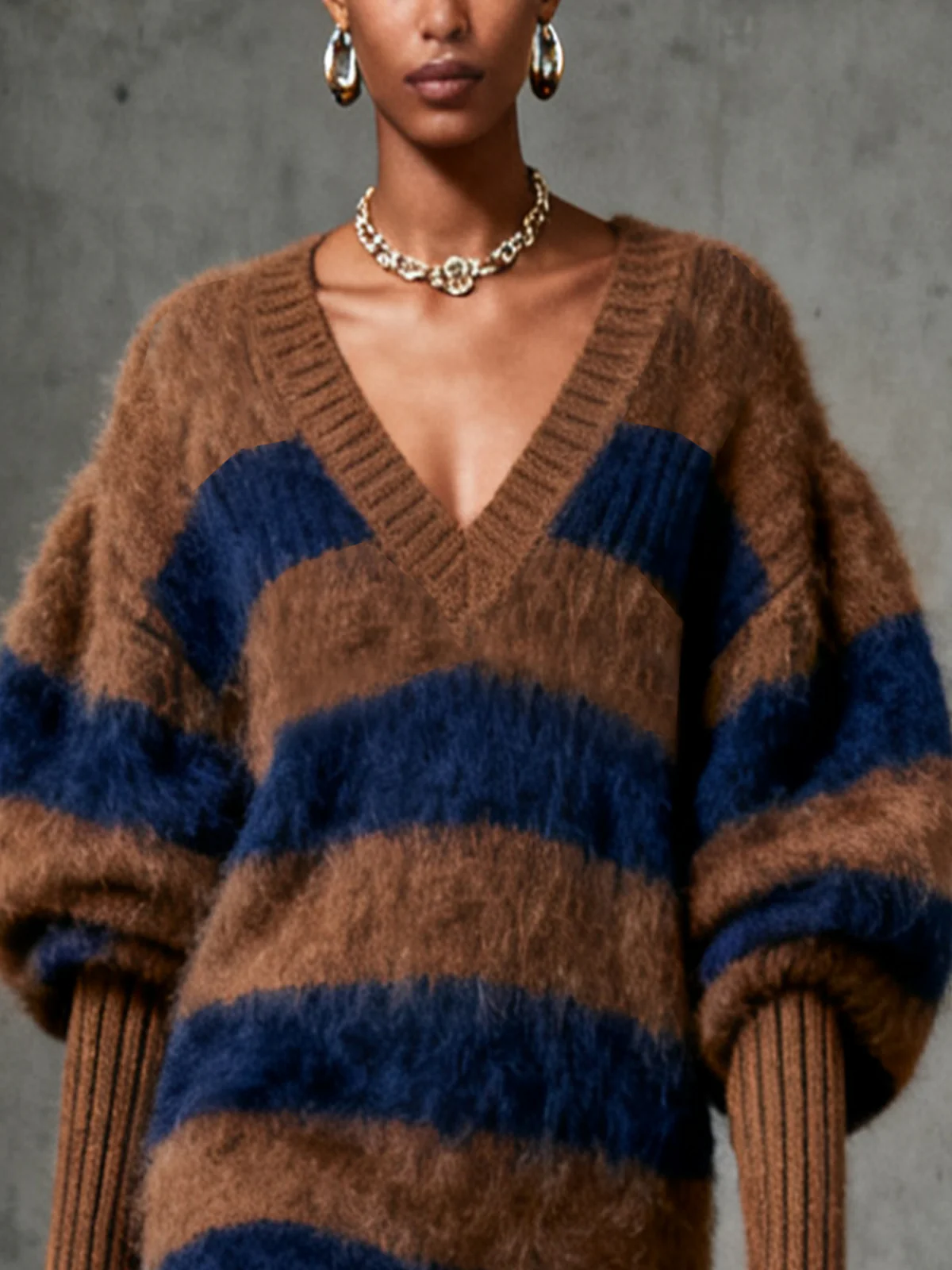 Brown And Navy Striped Fuzzy Knit Sweater Dress