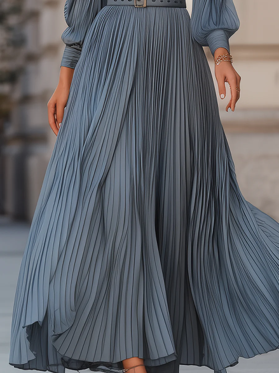 Mooyius Steel Blue Pleated Midi Dress