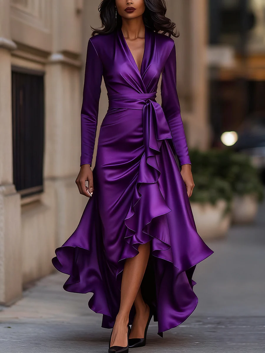 Midnight Blue Draped Satin Maxi Dress With Ruffle Details