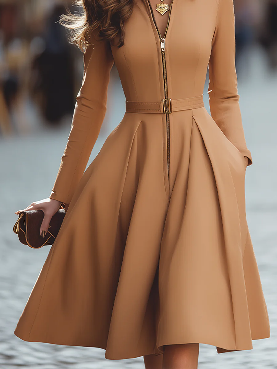 Elegant Zip-Up Fit And Flare Midi Dress
