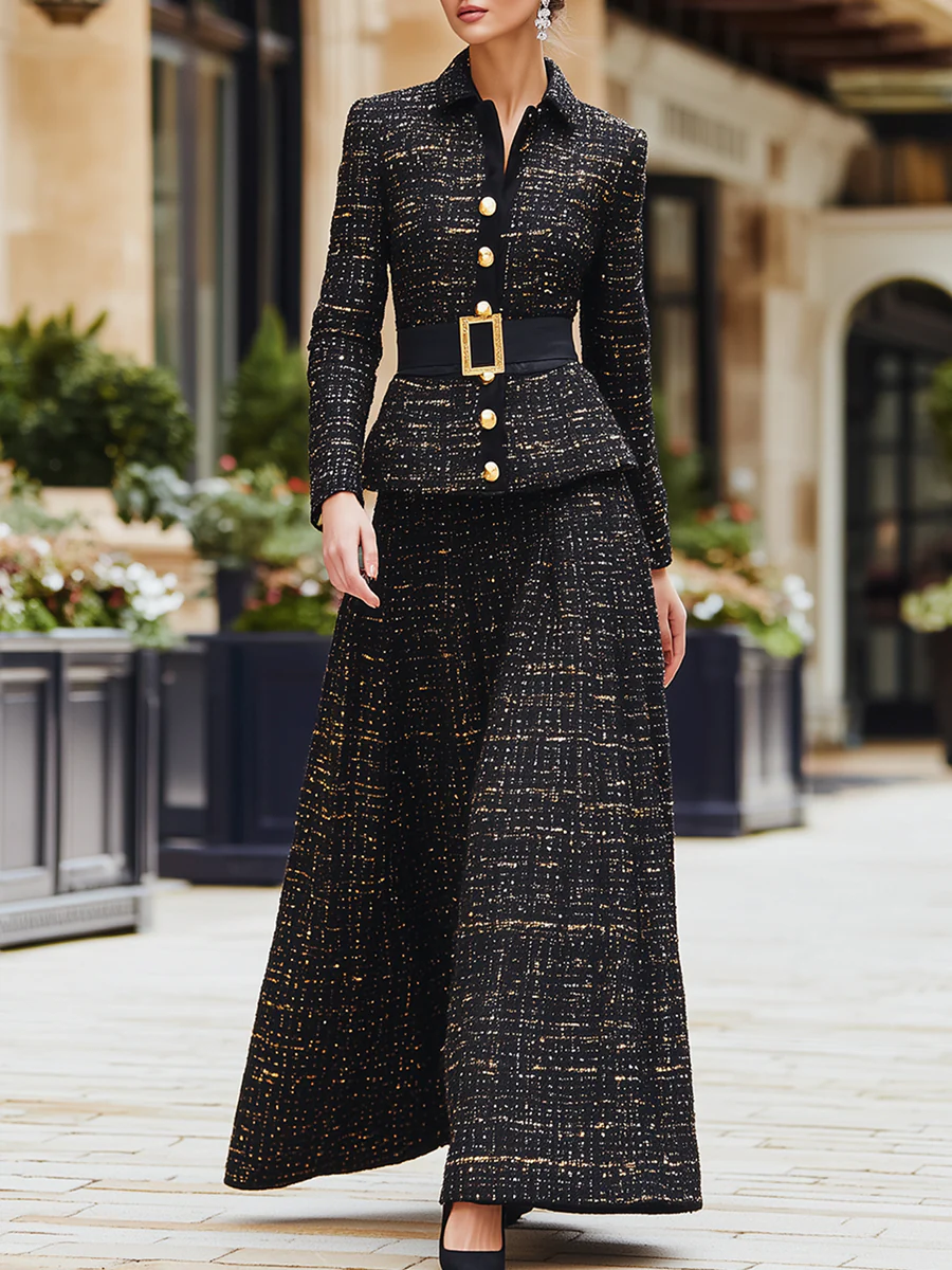 Black Gold Tweed Belted Jacket & Maxi Skirt Set