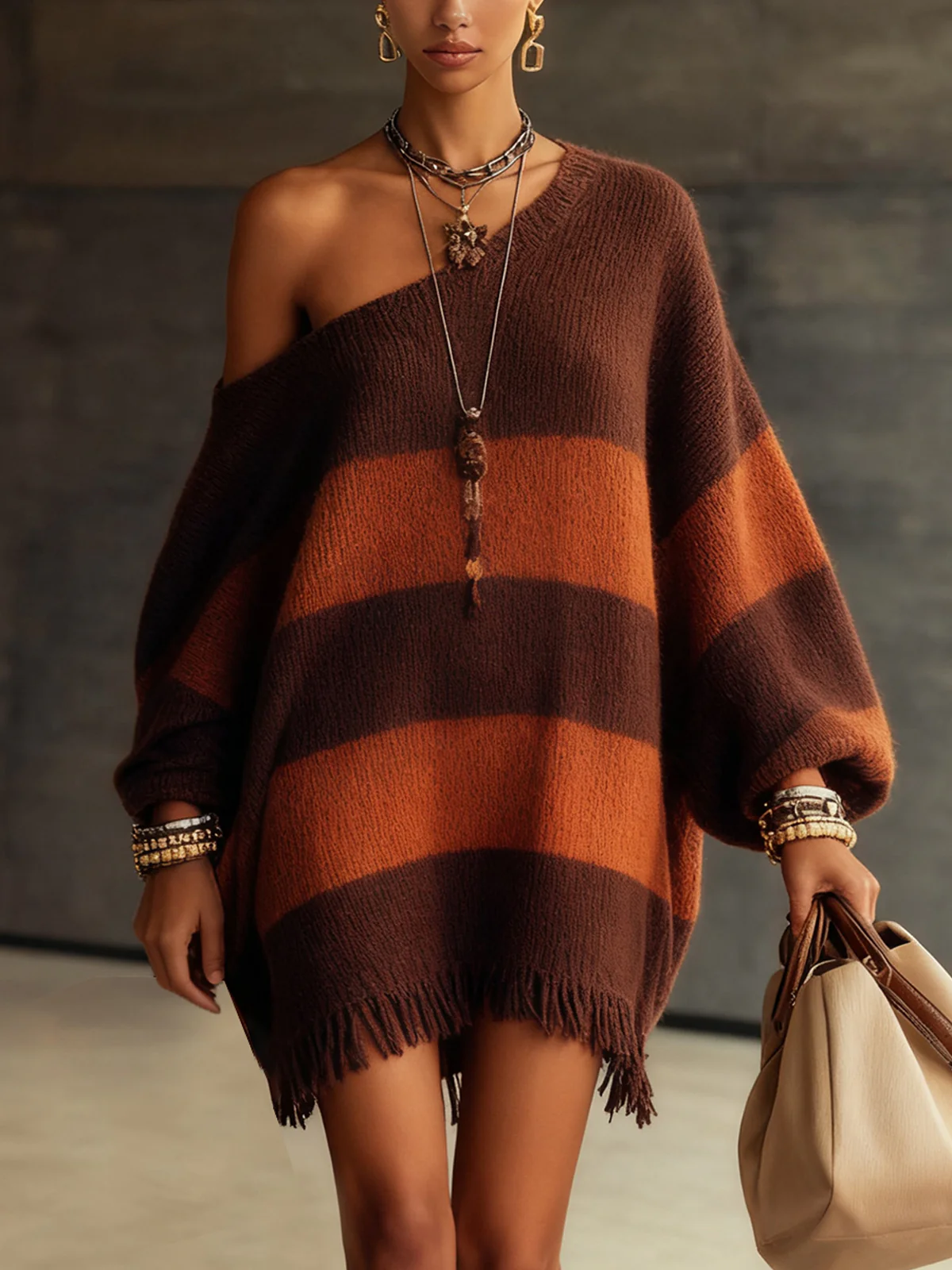 Oversized Striped Knit Sweater Dress With Fringe Hem
