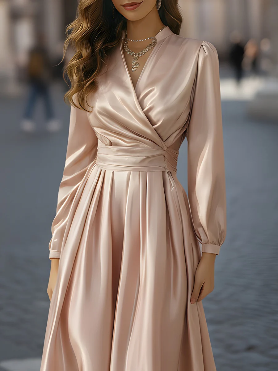 Blush Satin Wrap Dress With Pleated Skirt
