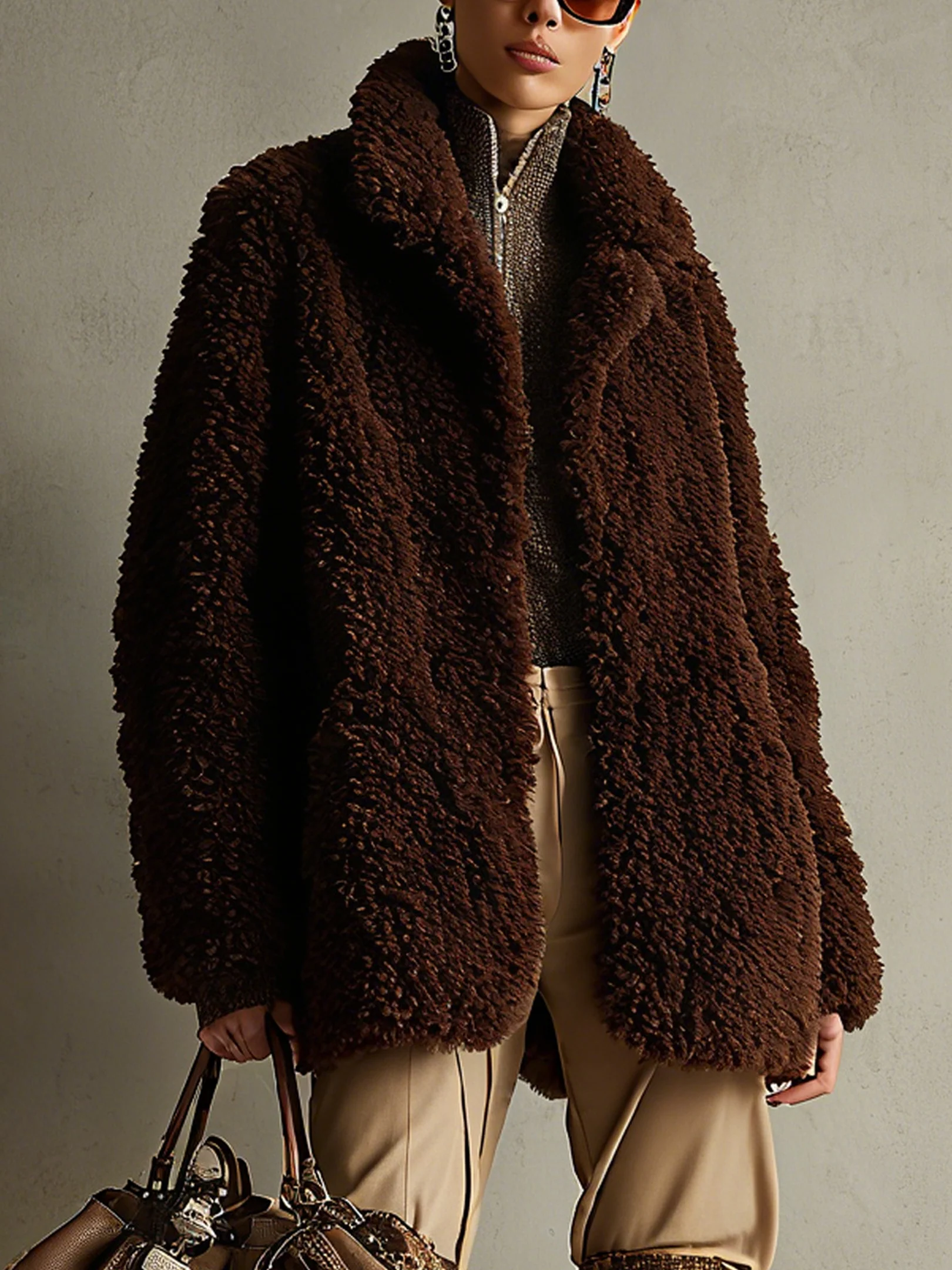 Chocolate Brown Eco Friendly Curly Faux Fur Coat