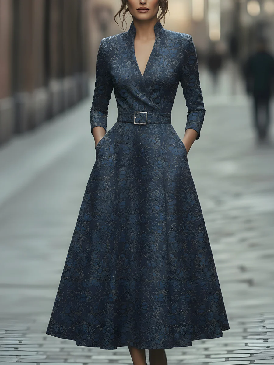 Navy Blue Floral Jacquard Belted Dress With V-Neckline