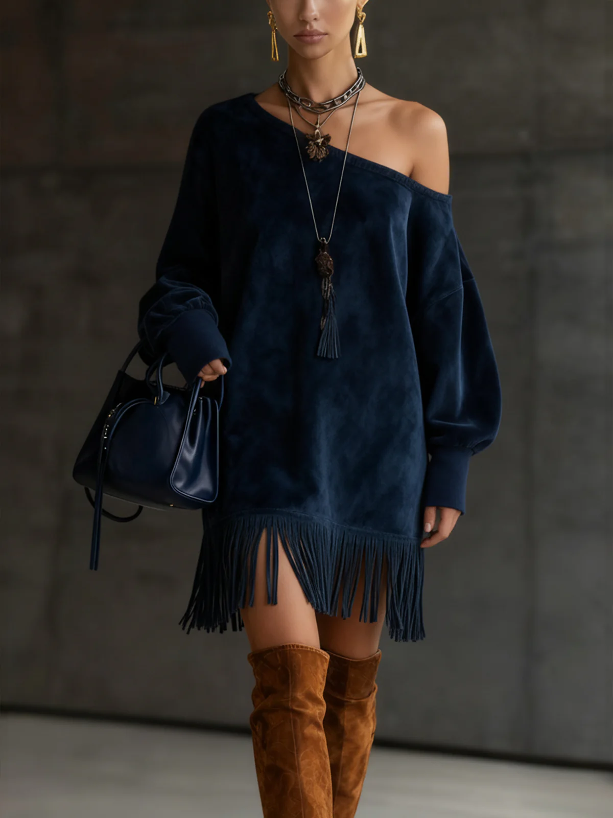 Off-Shoulder Navy Faux Suede Dress With Fringe Hem