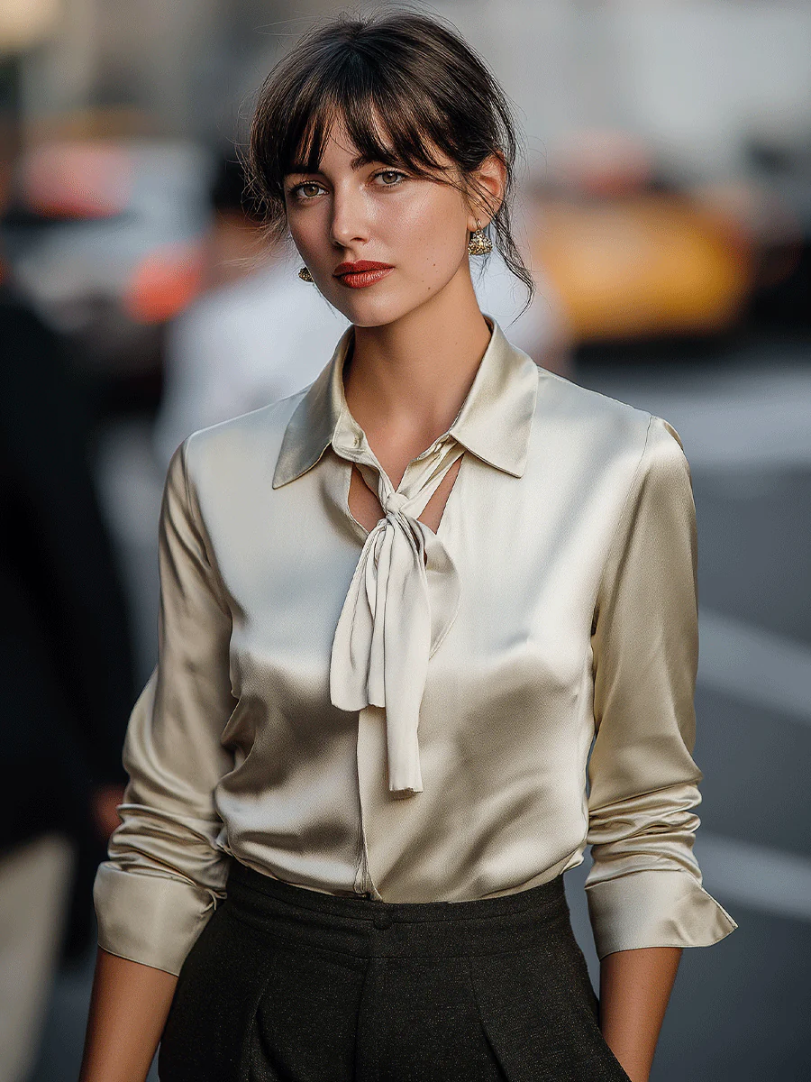 Satin Tie-Neck Blouse With Button Cuffs