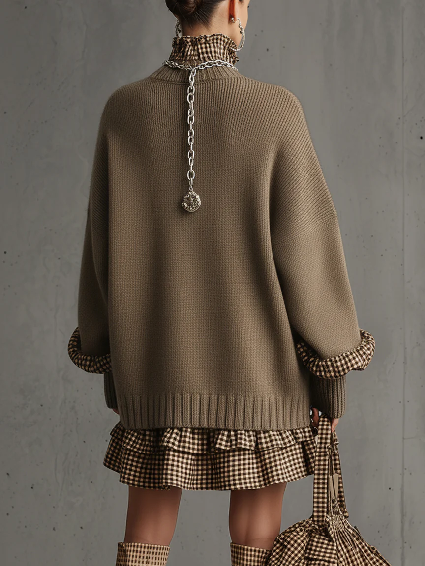 Brown Knitted Plaid Ruffle Long Sleeve Mini Dress