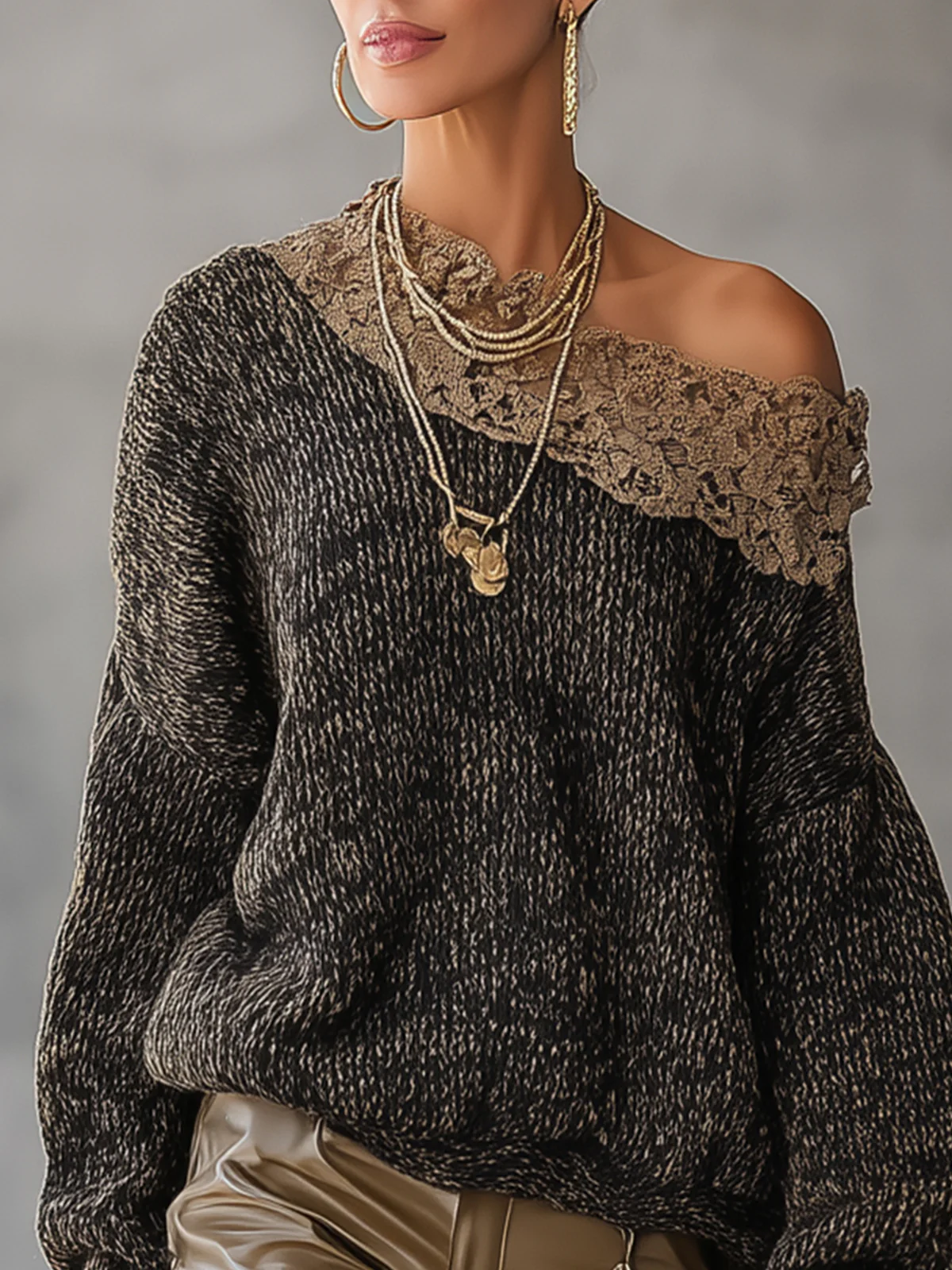 Black Knit Off-Shoulder Lace Trim Sweater