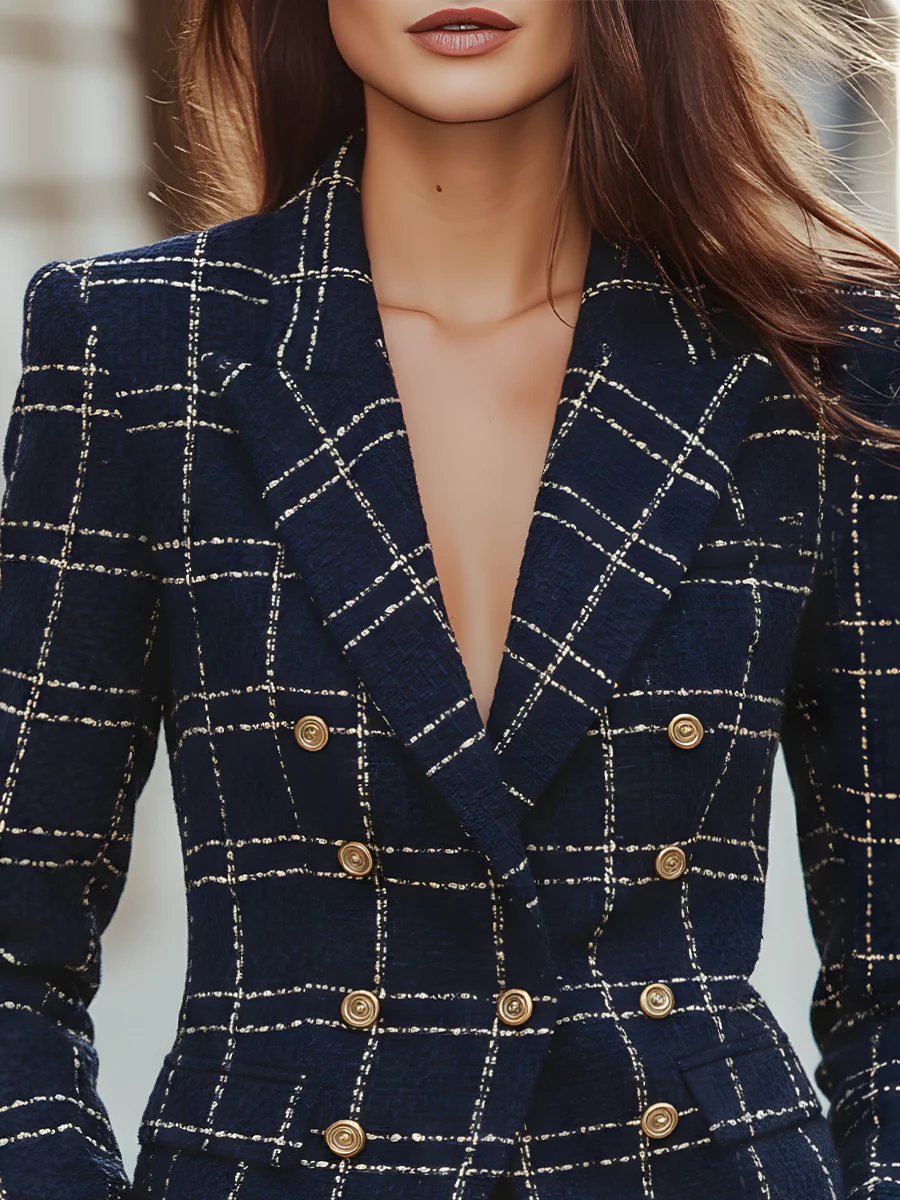 Classic Elegance Plaid Buttons Blazer