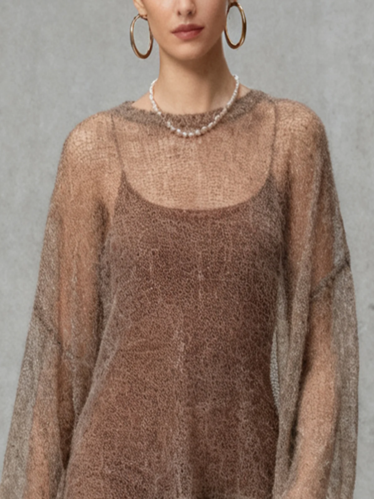 Sheer Knit Oversized Sweater With Brown Dress Set