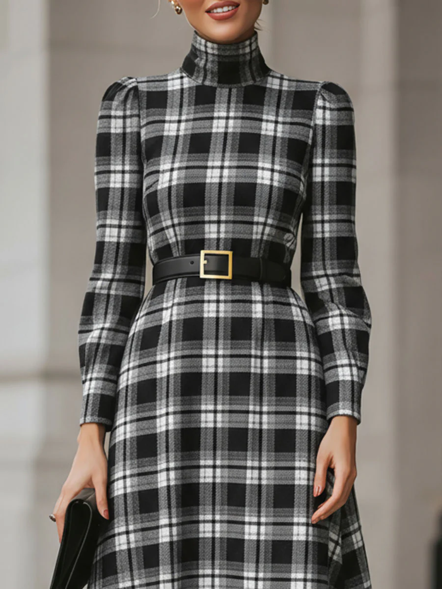 Chic Black And White Plaid Midi Dress With Belted Waist