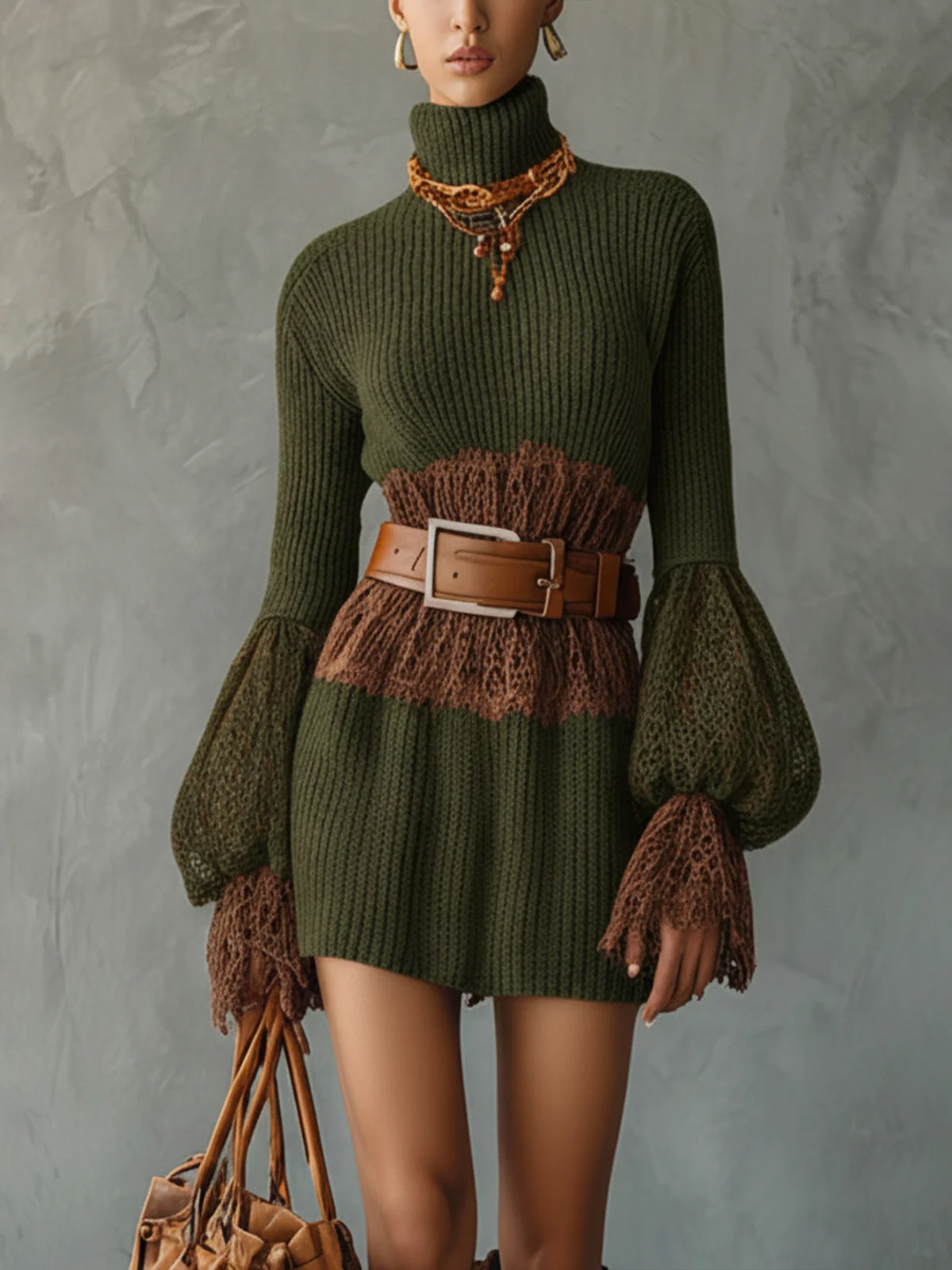 Green Knit Mini Dress With Brown Lace Contrast And Belted Waist