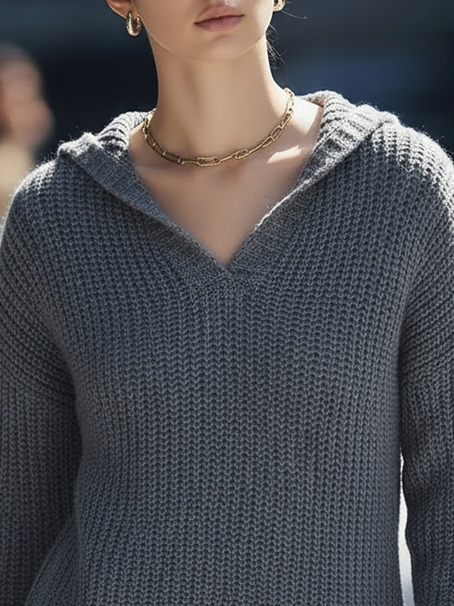 Grey Knitted Hooded V-Neck Sweater